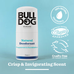 The Peppermint & Eucalyptus Natural Deodorant stick for men is shown on a light blue background, featuring 100% natural fragrance, prebiotic from chicory root, 24-hour odour protection, and a crisp, invigorating scent.