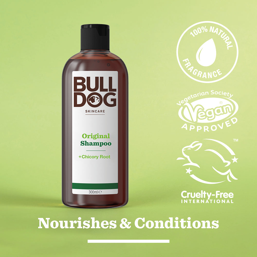 A bottle of Original Shampoo stands on a green background, surrounded by icons for 100% natural fragrance, vegan approved, and cruelty-free—highlighting men’s hair care with nourishing natural ingredients. Text below: Nourishes & Conditions.