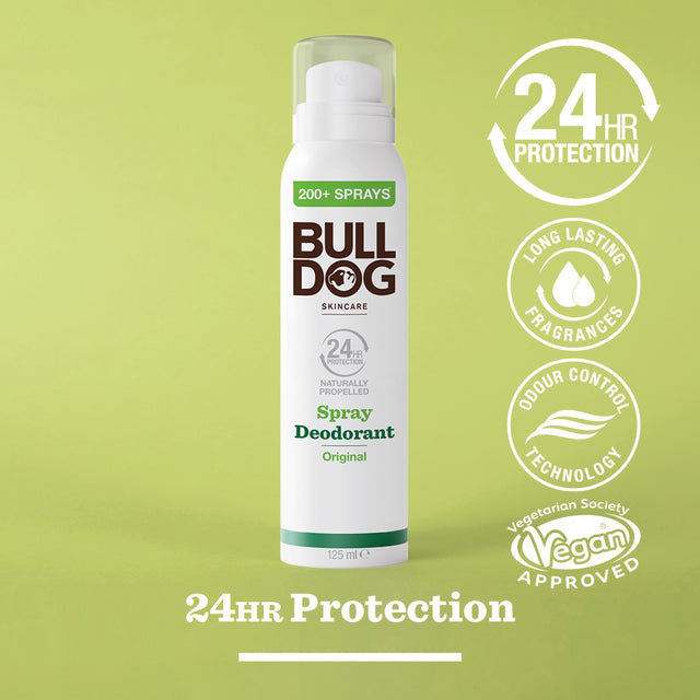 A can of Bulldog Skincare Original Spray Deodorant Bundle stands on a green background, with icons and text showcasing its grooming benefits: 24hr protection, long-lasting fragrance, odour control, and natural-origin ingredients.