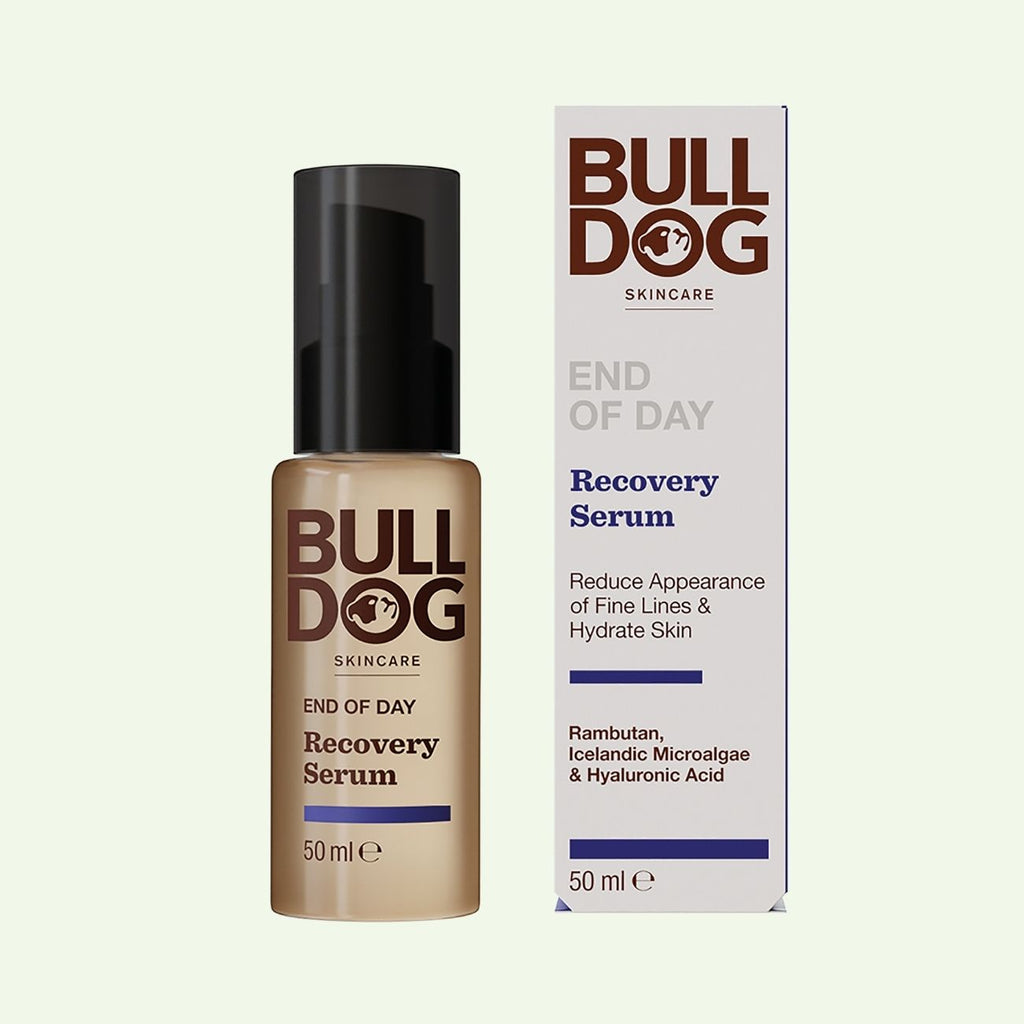 A box and bottle of End of Day Recovery Serum, with ingredients like hyaluronic acid, rambutan, and Icelandic microalgae. This 50 ml serum targets fine lines for healthier-looking skin.