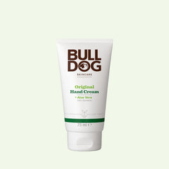 A white 75 ml tube of Original Hand Cream for men with Aloe Vera and natural origin ingredients stands upright against a plain light background, featuring brown and green text on the label.