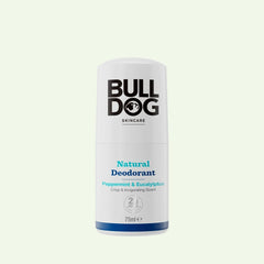 A white cylindrical container labeled Peppermint & Eucalyptus Natural Deodorant (75ml) for men, with black and blue text, offers 24-hour odor protection. Displayed against a plain light background.