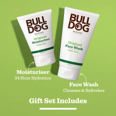 The Original Skincare Duo is displayed on a green background, featuring a 100ml Original Moisturiser and a 150ml Original Face Wash with highlighted benefits and "Gift Set Includes." Ideal gift for men who prioritize daily skincare.