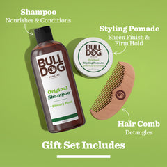 Gift set photo features the Hair Styling Trio—Bulldog Original Shampoo, Styling Pomade, and a wooden comb. Nourishes and conditions hair, delivers sheen and firm hold, and easily detangles for the perfect men's gift.