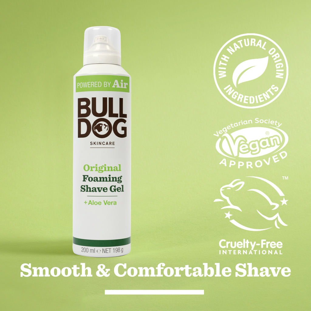 A can of Original Foaming Shave Gel with Aloe Vera is shown on a green background, highlighting its natural origin ingredients, vegan approved and cruelty-free labels. Text reads: Smooth & Close Shave.