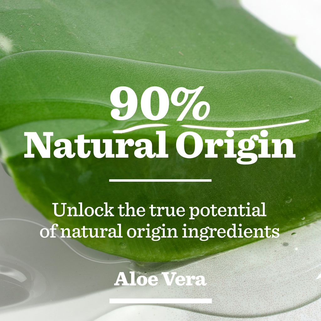 A close-up of an aloe vera leaf with gel, overlaid text reads: 90% Natural Origin. Discover the power of natural origin ingredients for a smooth, close shave with Original Foaming Shave Gel.