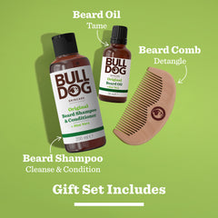 Original Beard Care Kit displayed on a green background includes beard shampoo & conditioner, beard oil, and a wooden comb. Labels show their uses: cleanse, tame, detangle—a complete beard grooming solution.