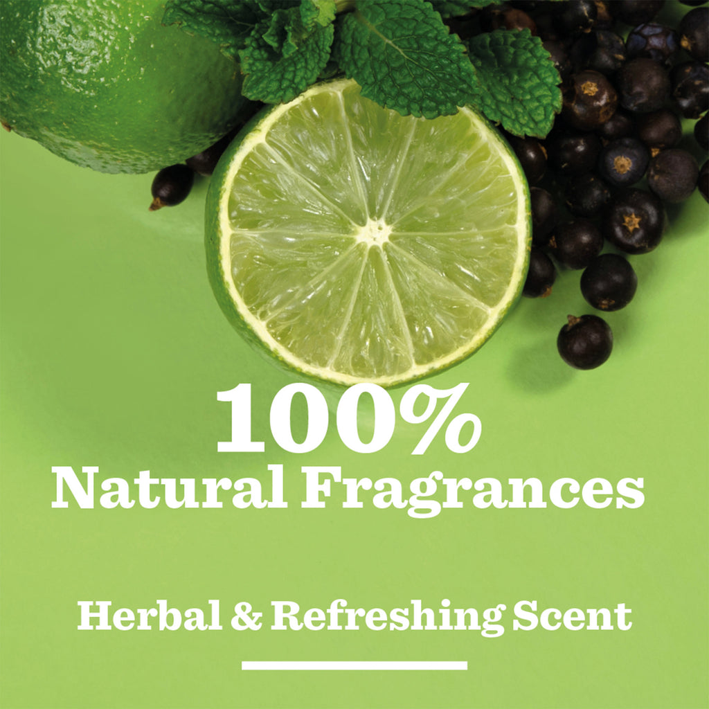 A halved lime, fresh mint, and blackcurrants on green with bold white text: 100% Natural Fragrances and Herbal & Refreshing Scent—perfect as the Bulldog Original Body Care Duo or as thoughtful gifts for men.