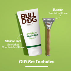 Original Shave Duo on a green background, featuring Bulldog Original Shave Gel with aloe vera and a Bulldog Bamboo Razor with a wooden handle. Text highlights the gel and razor included in this set.