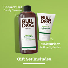 Body Care Duo gift set on a green background, featuring a 500ml Original Shower Gel and 100ml Original Moisturiser. Perfect men's gift offering gentle cleansing and 24-hour hydration.