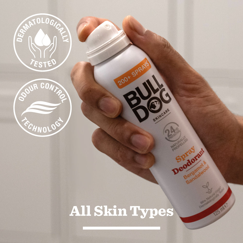 A hand holds a can of Bergamot & Sandalwood Spray Deodorant, featuring 24-hour odor control, dermatologically tested formula, vegan-friendly and natural ingredients, and suitable for all skin types.