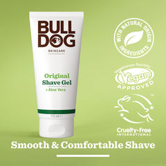 A tube of Original Shave Gel is displayed against a green background, with icons highlighting its natural origin ingredients, vegan approval, cruelty-free formula, and promise of a smooth, comfortable shave.