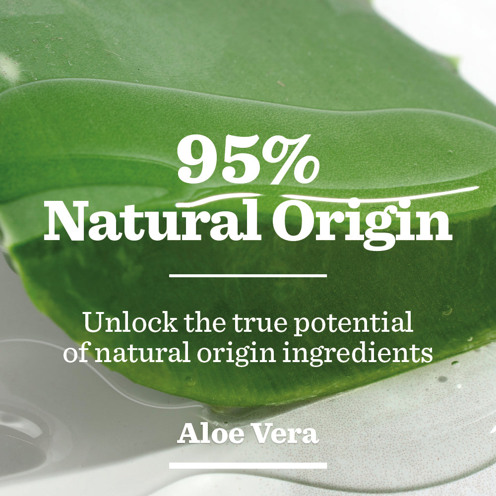 A close-up of an aloe vera leaf with text overlay reading 95% Natural Origin. Unlock the power of natural ingredients in our Original Shave Gel for men, featuring Aloe Vera.