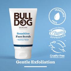 A tube of Sensitive Face Scrub is centered on a blue background, surrounded by icons that highlight its natural origin ingredients, vegan approval, fragrance-free formula, and gentle exfoliation for sensitive skin.
