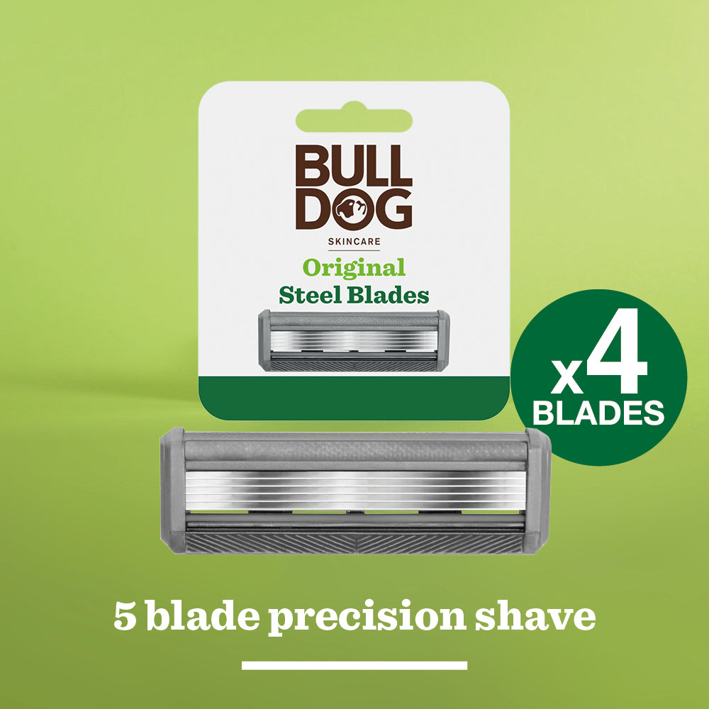 Original Steel Blades razor cartridge and packaging, labeled BULLDOG Skincare, features 4 five-blade precision cartridges with a lubricating strip for comfort on a green background.