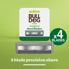 Original Steel Blades razor cartridge and packaging, labeled BULLDOG Skincare, features 4 five-blade precision cartridges with a lubricating strip for comfort on a green background.