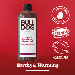 A bottle of Vetiver & Black Pepper Shower Gel stands against a red background, showcasing its 100% natural fragrance and vegan approval—perfect for men seeking an earthy, warming touch in their skincare routine.