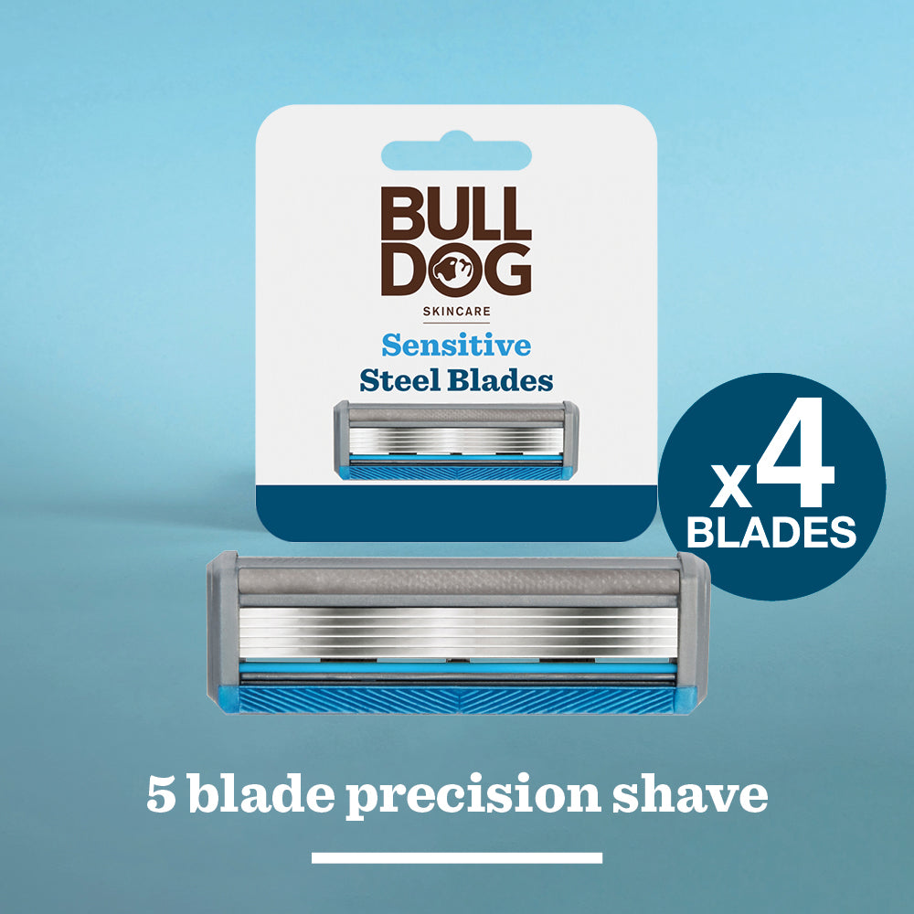 A package of Sensitive Steel Blades is displayed, highlighting a close-up of the 5-blade razor cartridge. Text on the blue background reads: x4 replacement blades and 5 blade precision shave.