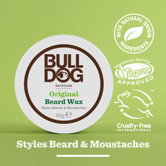 Original Beard Wax on a green background, featuring its moisturising formula with natural origin ingredients. Vegan-approved, cruelty-free, and perfect for styling beards and moustaches.