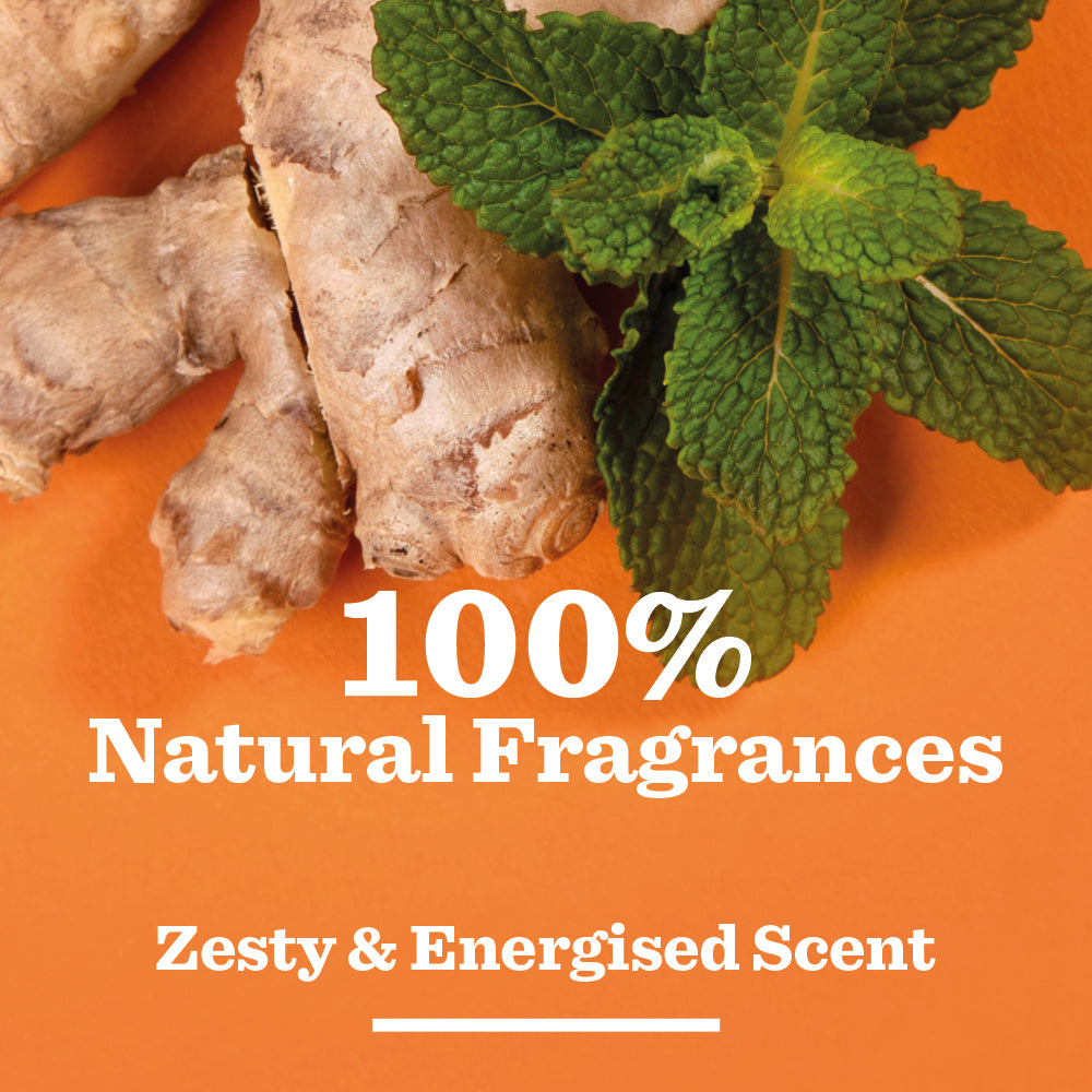 Fresh ginger roots and patchouli on an orange background with text reading 100% Natural Fragrances and Zesty & Energised Scent—perfect for Ginger & Patchouli Shower Gel for men.