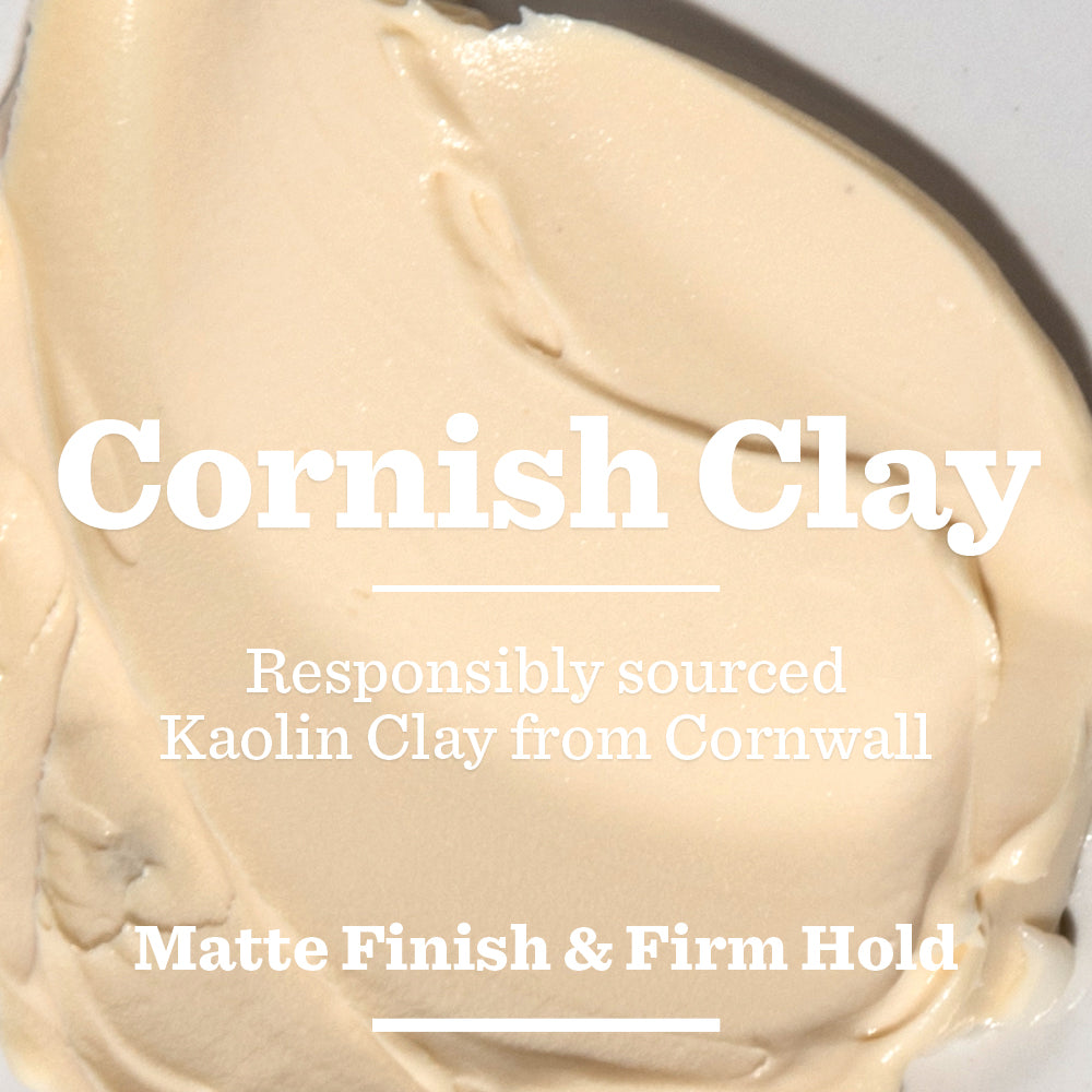 A creamy beige Original Hair Styling Clay with Original Hair Styling Clay. Responsibly sourced Kaolin Clay from Cornwall. Matte Finish & Firm Hold overlaid in white letters.