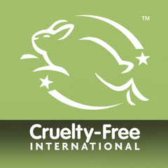 A white outline of a leaping rabbit with stars, the Cruelty-Free International symbol, is shown on a light green background above bold white “Cruelty-Free INTERNATIONAL” text—perfect for your Hair Styling Clay Bundle.
