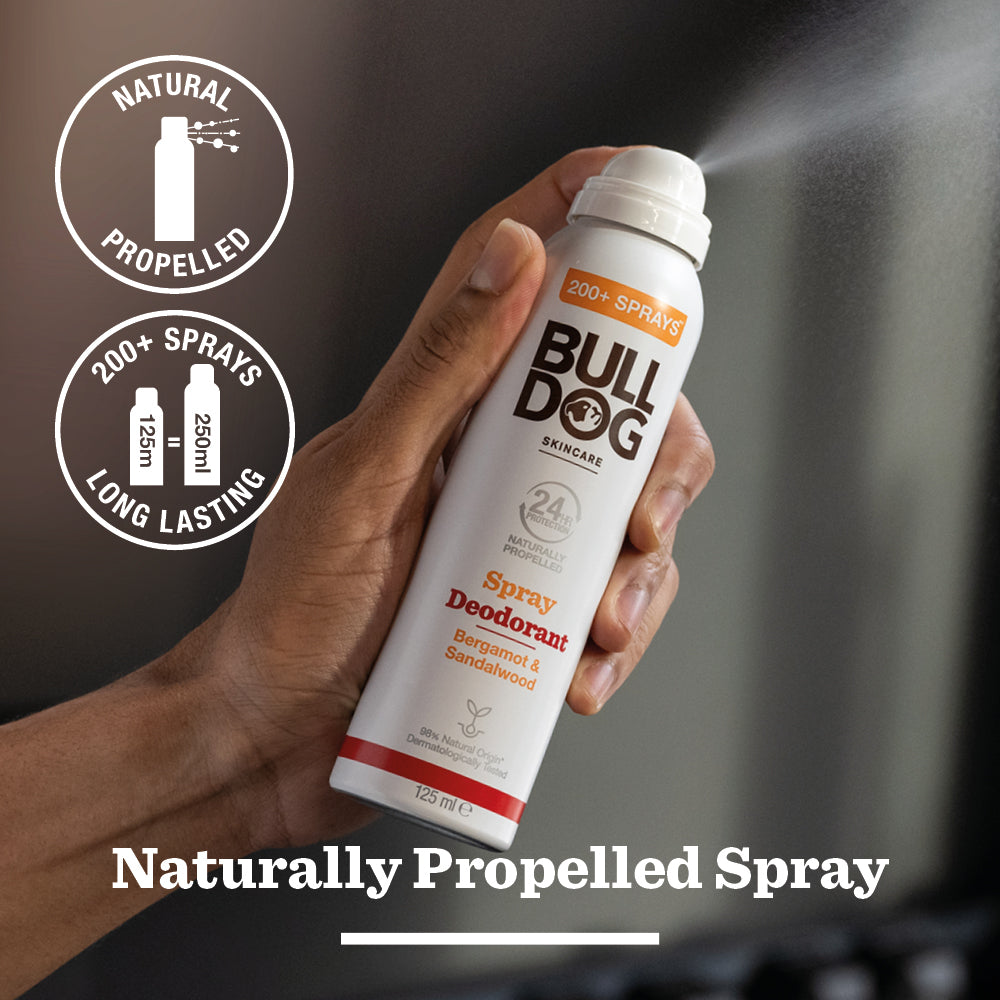 Bulldog Skincare’s Bergamot & Sandalwood Spray Deodorant is vegan, uses natural ingredients, and delivers 200+ long-lasting sprays with a naturally propelled formula.