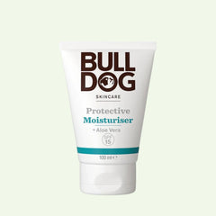 A white tube of Protective Moisturiser with Aloe Vera, SPF 15, and 100 ml on the front, made with natural ingredients for healthy skin, set against a light background.