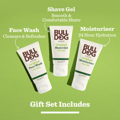 The Original Mini Skincare Trio—moisturiser, face wash, and shave gel—is displayed on a green background with highlighted benefits and "Bulldog gift set includes" below. Ideal for men’s grooming routines.