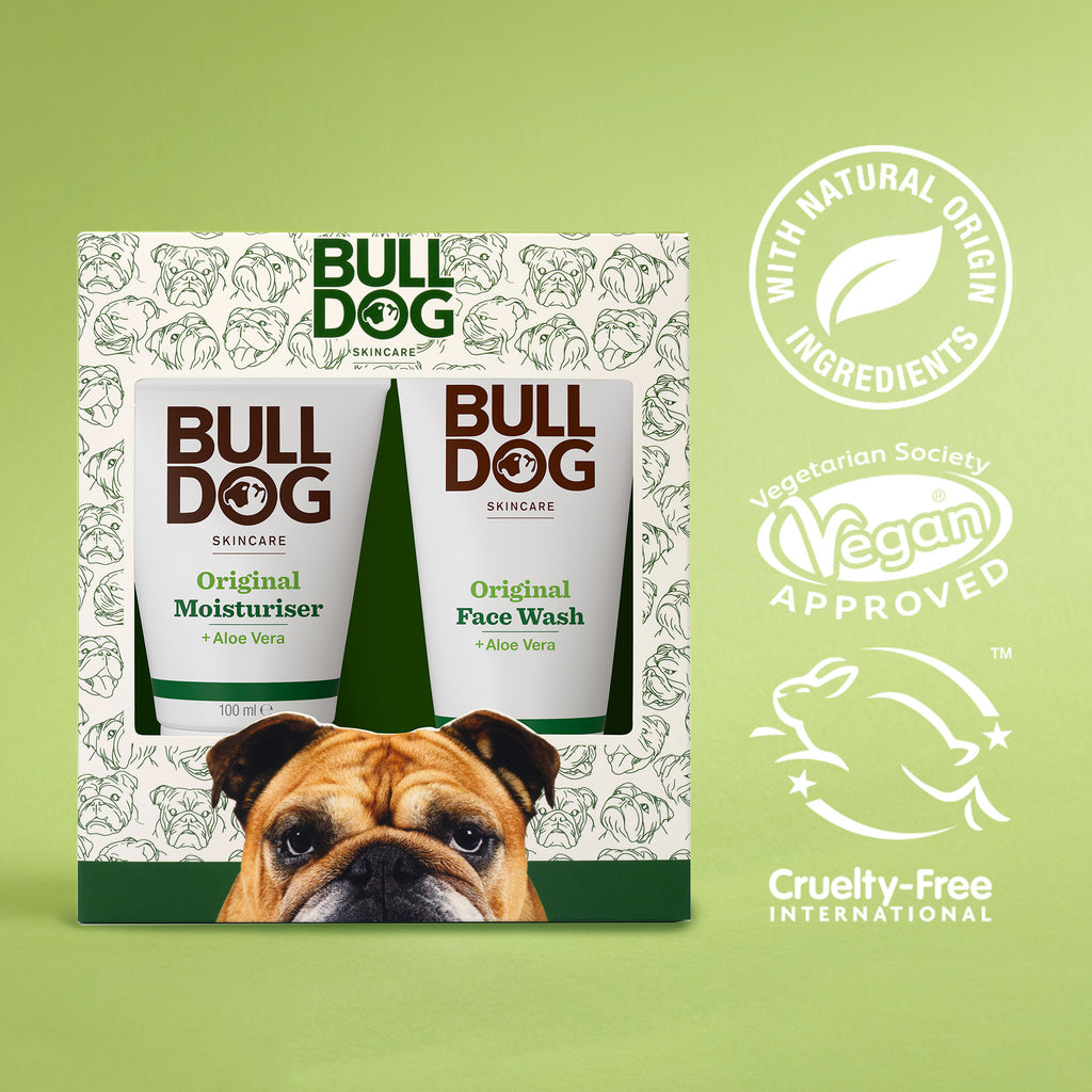 The Original Skincare Duo gift set, with moisturiser and face wash, is perfect for men. Presented on a green box with dog illustrations, it features natural ingredients and is both vegan-approved and cruelty-free.