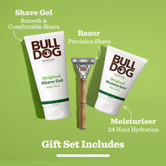 Expert Shave Trio gift set on a green background, featuring shave gel for a smooth shave, a bamboo razor for precision, and moisturiser for 24-hour hydration. "Gift Set Includes" is written below.