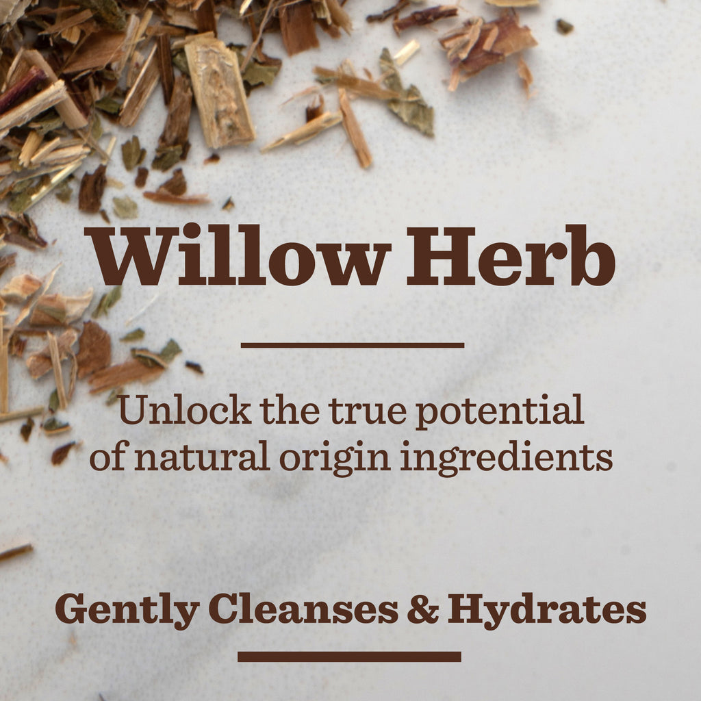 Loose dried willow herb on a light surface above text: “Sensitive Skincare Duo. Unlock the true potential of natural origin ingredients. Bulldog Skincare gently cleanses & hydrates—perfect gift for men.”.