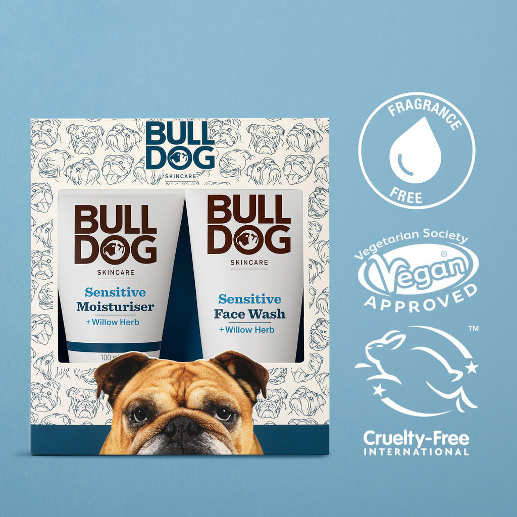 The Sensitive Skincare Duo gift set for men includes Sensitive Moisturiser and Face Wash, with product logos, vegan and cruelty-free badges, and a cartoon bulldog on a blue background.