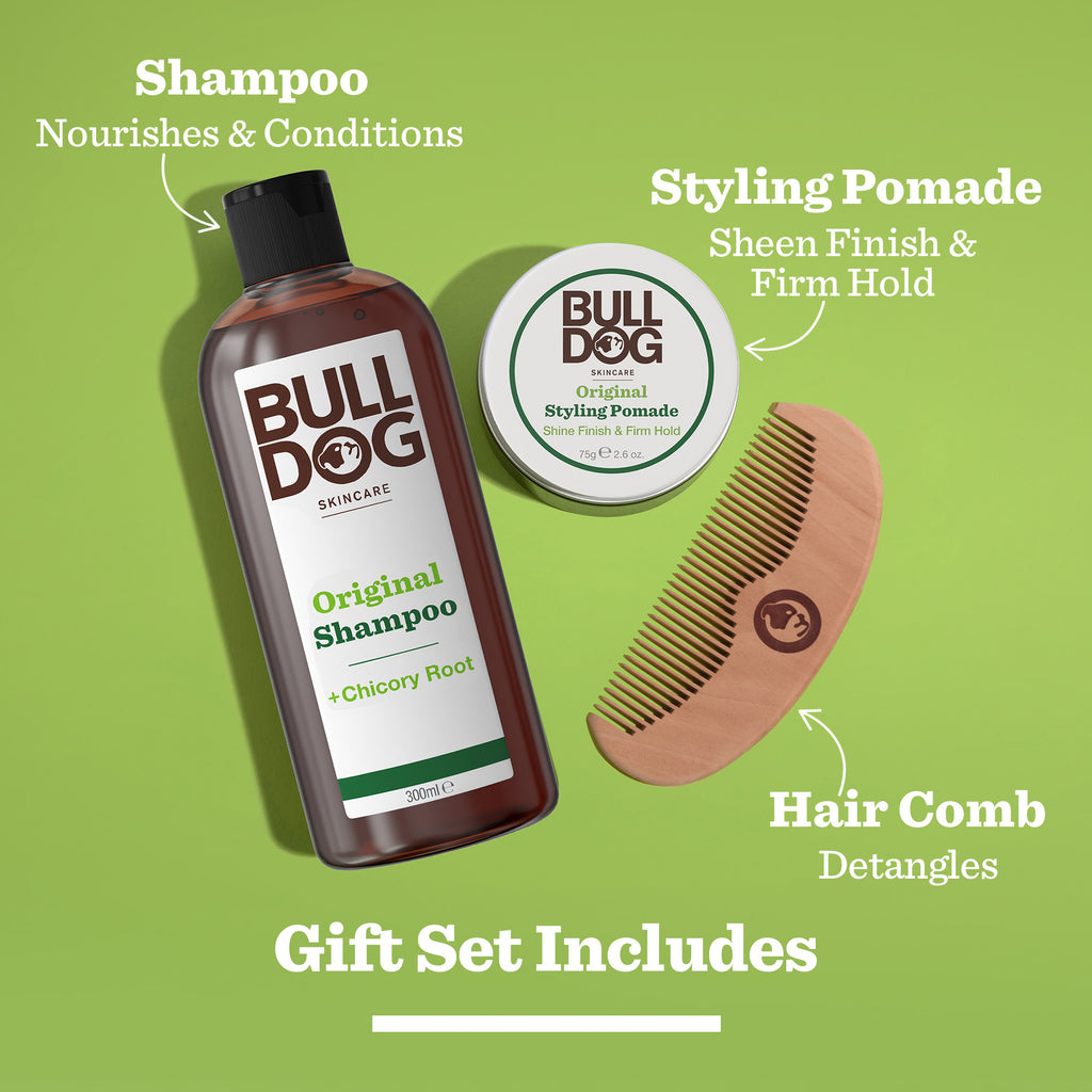 Gift set photo features the Hair Styling Trio—Bulldog Original Shampoo, Styling Pomade, and a wooden comb. Nourishes and conditions hair, delivers sheen and firm hold, and easily detangles for the perfect men's gift.