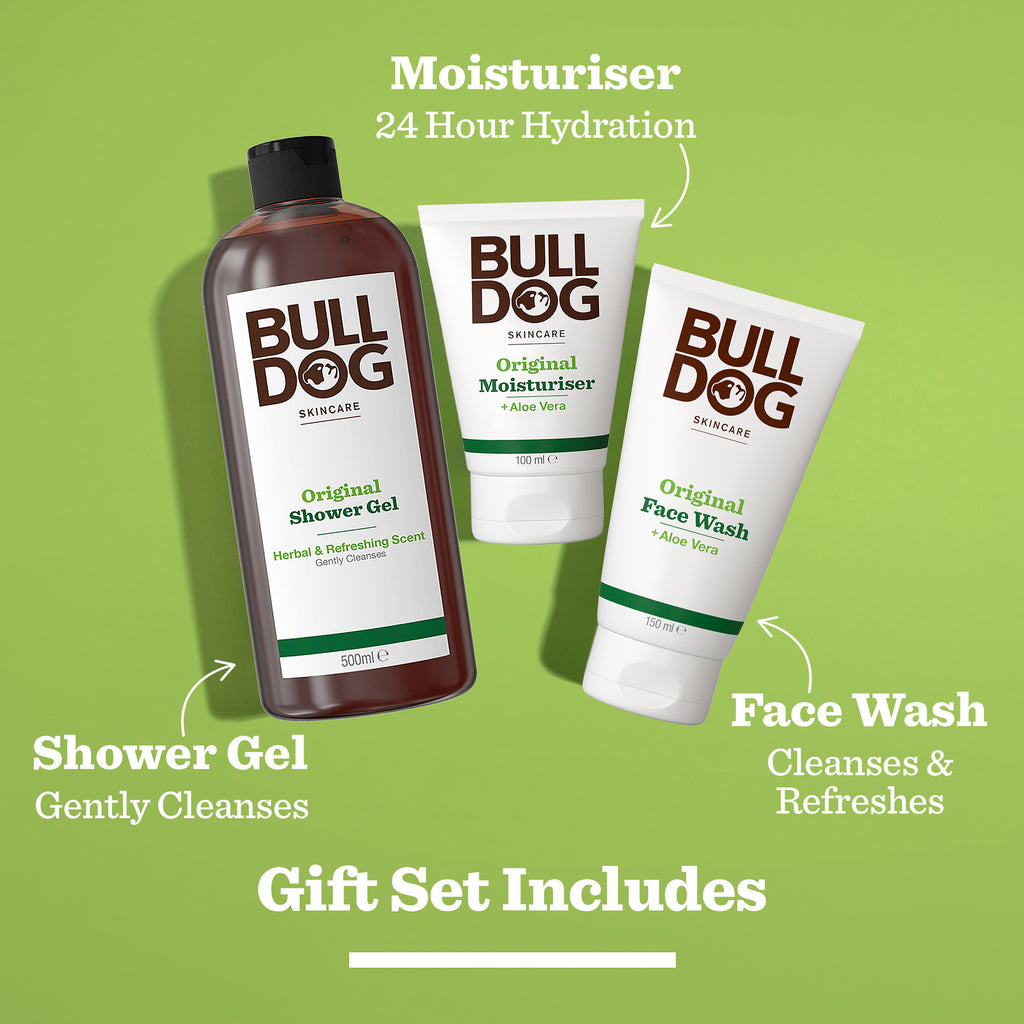 The Original Grooming Kit is shown on a green background with arrows highlighting the Shower Gel (cleansing), Face Wash (refreshing), and Moisturiser (hydration). Text describes their benefits, making this the perfect grooming set.