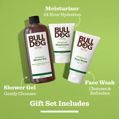 The Original Grooming Kit is shown on a green background with arrows highlighting the Shower Gel (cleansing), Face Wash (refreshing), and Moisturiser (hydration). Text describes their benefits, making this the perfect grooming set.
