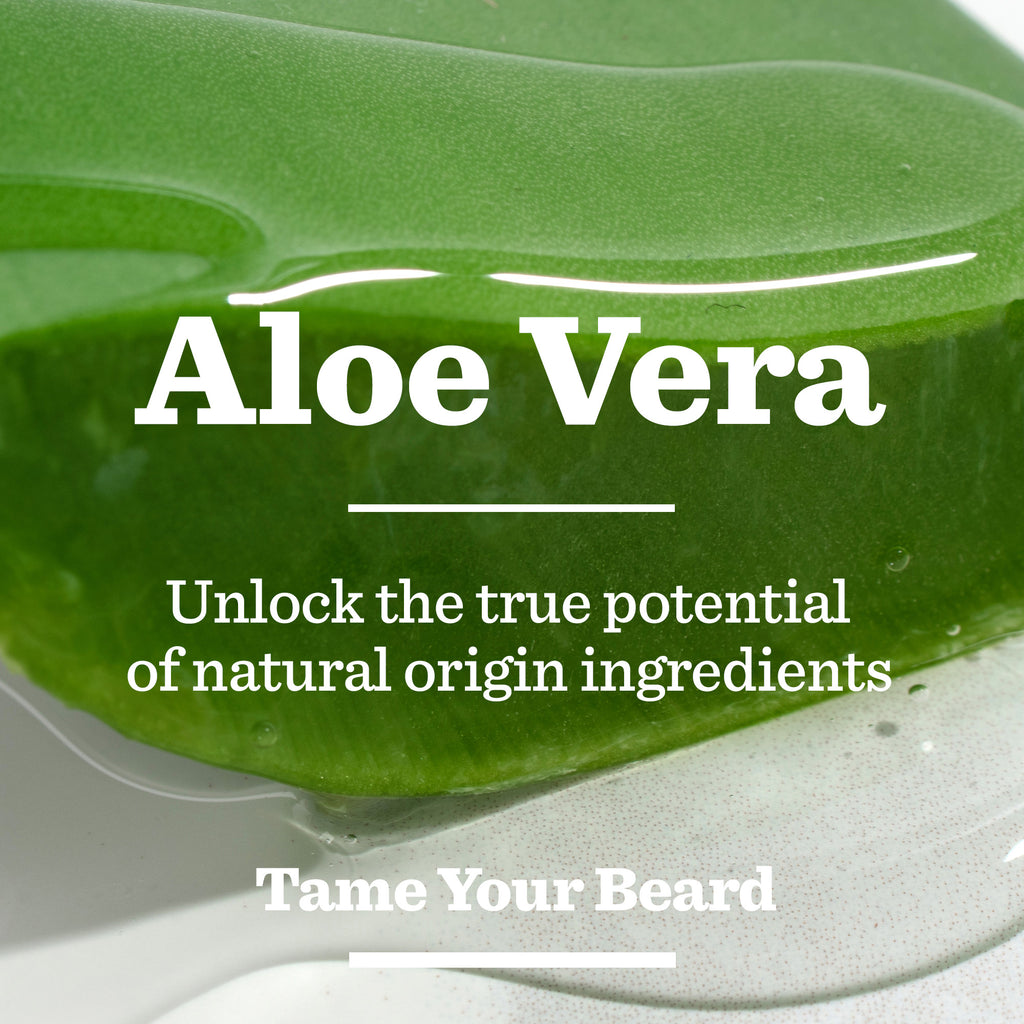 A close-up of a fresh aloe vera leaf with gel, overlaid with text: Aloe Vera. Discover the natural power of Bulldog Skincare for Men. Tame your beard with our Original Beard Care Kit.