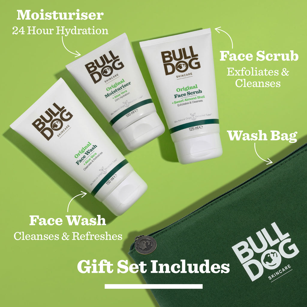 Original Skincare Kit for men includes moisturiser, face wash, face scrub, and a green wash bag—perfect gift highlighting hydration, exfoliation, cleansing, and refreshment. Products are neatly arranged on a green surface.
