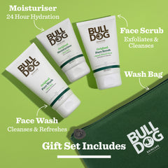 Original Skincare Kit for men includes moisturiser, face wash, face scrub, and a green wash bag—perfect gift highlighting hydration, exfoliation, cleansing, and refreshment. Products are neatly arranged on a green surface.