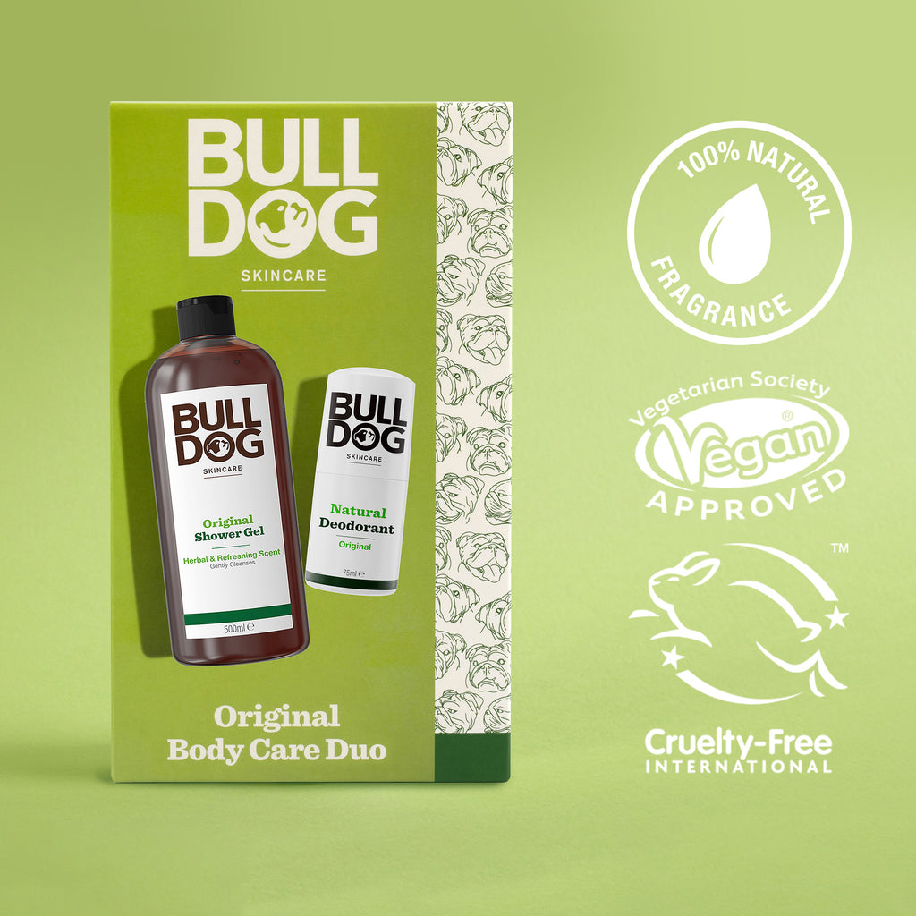 The Original Body Care Duo gift set includes shower gel and natural deodorant in a green box with images and icons for 100% natural fragrance, vegan-approved, and cruelty-free—making it an ideal gift for men.
