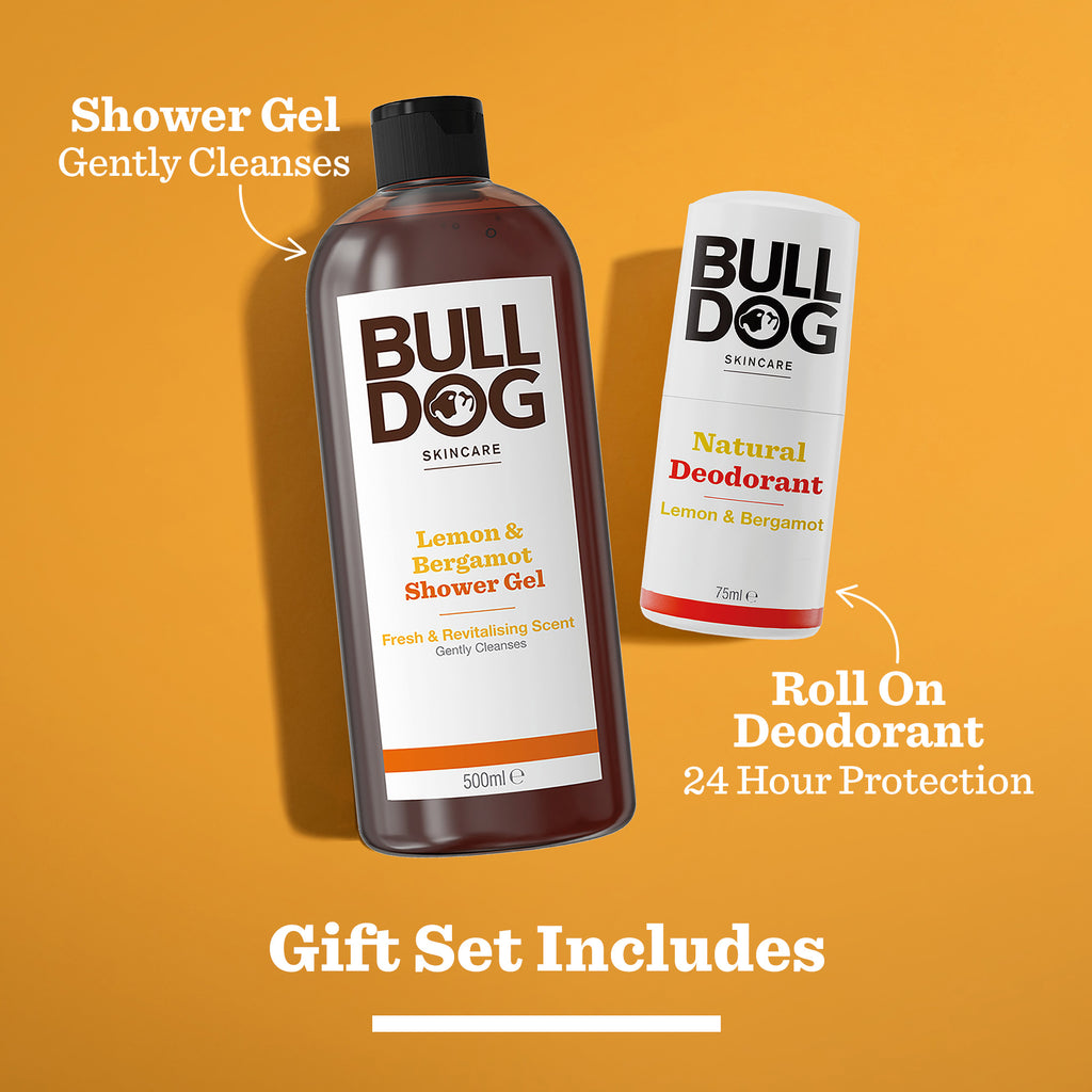 Lemon & Bergamot Body Care Duo: 500ml Shower Gel and 75ml Roll-On Deodorant on an orange background. Perfect men's gift for gentle cleansing and 24-hour protection.
