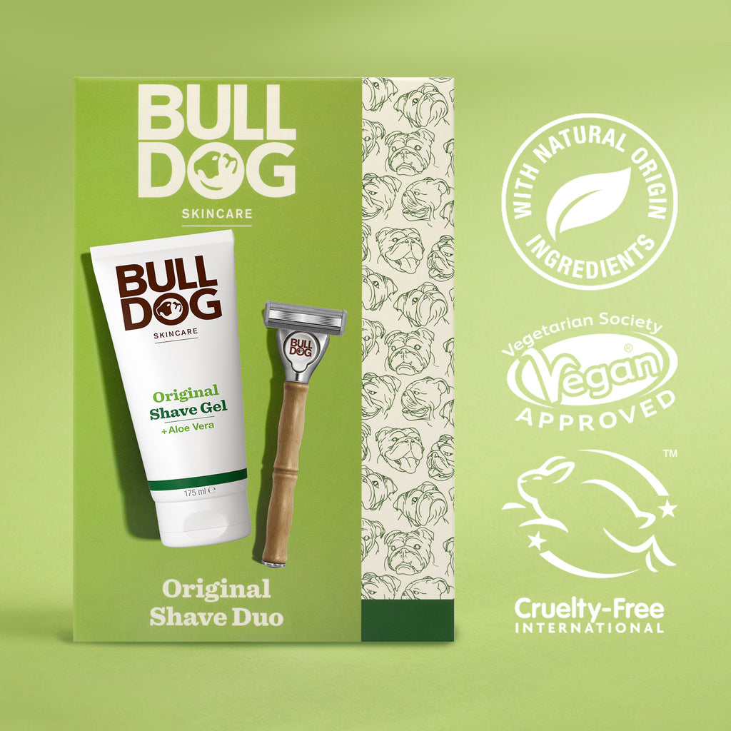 The Original Shave Duo includes a tube of Shave Gel and a Bamboo Razor, with packaging that emphasizes natural ingredients, vegan formula, and cruelty-free certification—making it an ideal gift for men.