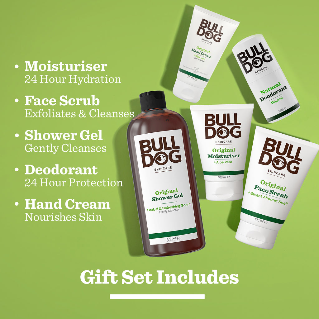 The Premium Body Care Collection gift set features shower gel, face scrub, moisturiser, deodorant, and hand cream on a green background with benefit highlights—ideal for men who value quality skincare.