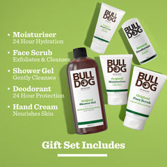 The Premium Body Care Collection gift set features shower gel, face scrub, moisturiser, deodorant, and hand cream on a green background with benefit highlights—ideal for men who value quality skincare.