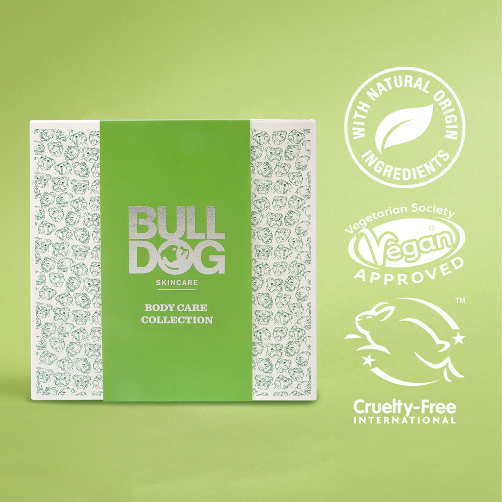A green and white Premium Body Care Collection box is displayed, featuring logos for natural origin ingredients, vegan approval, and cruelty-free certification—ideal for men who value quality skincare.