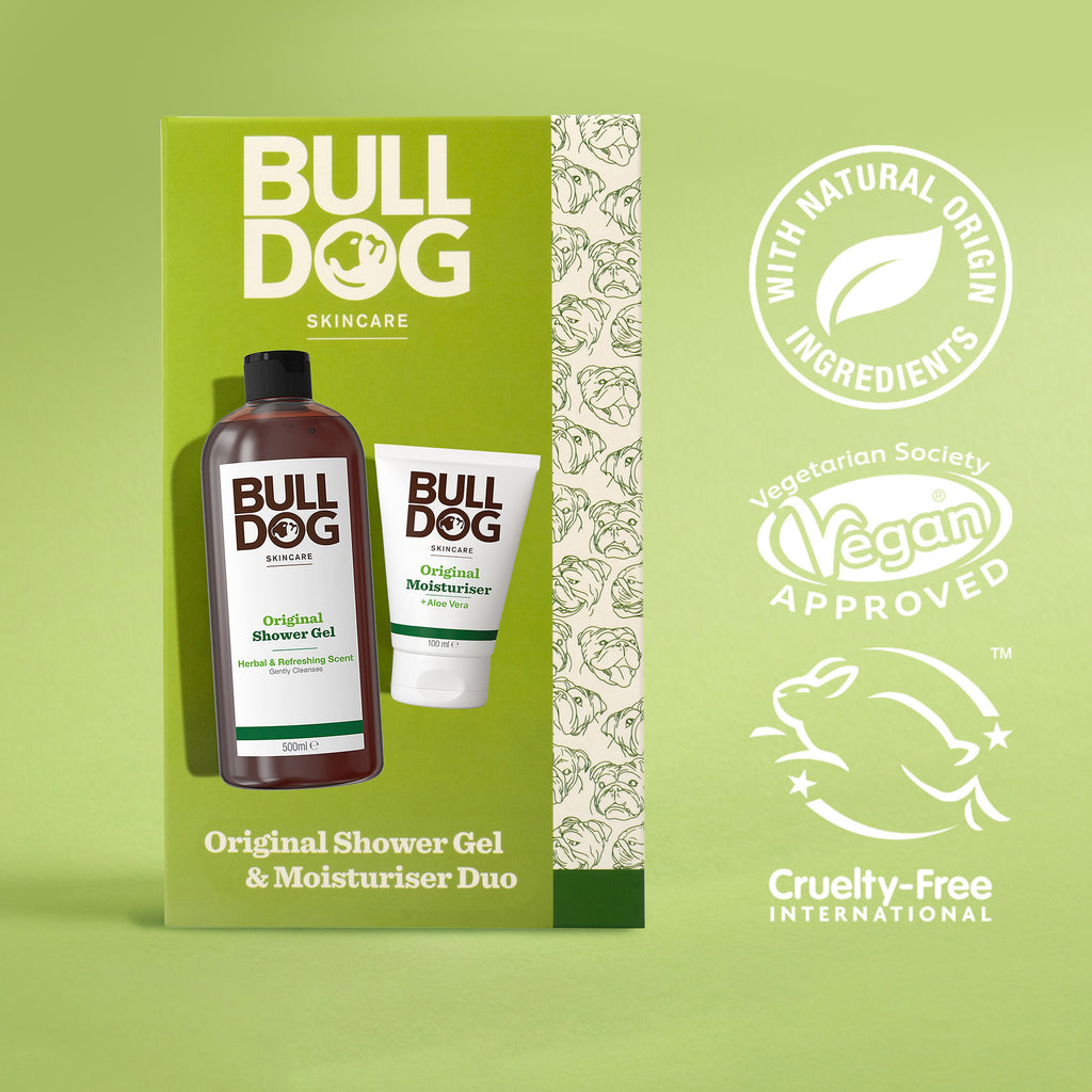 Body Care Duo box on a green background, featuring logos for natural origin ingredients, Vegan approval, and Cruelty-Free International certification—a great gift for men.