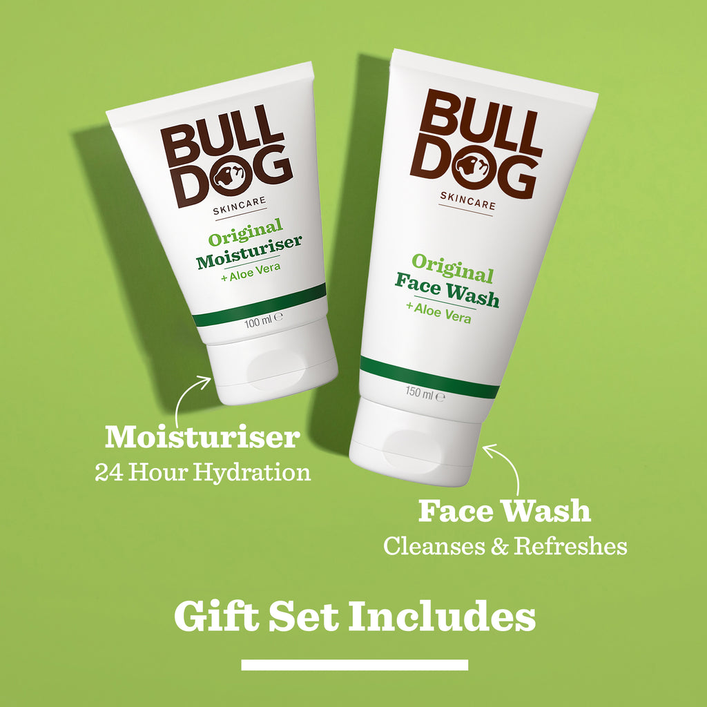 The Original Skincare Duo Set for men includes a 100ml Original Moisturiser and a 150ml Original Face Wash, both with aloe vera, displayed on a green background to highlight their benefits.