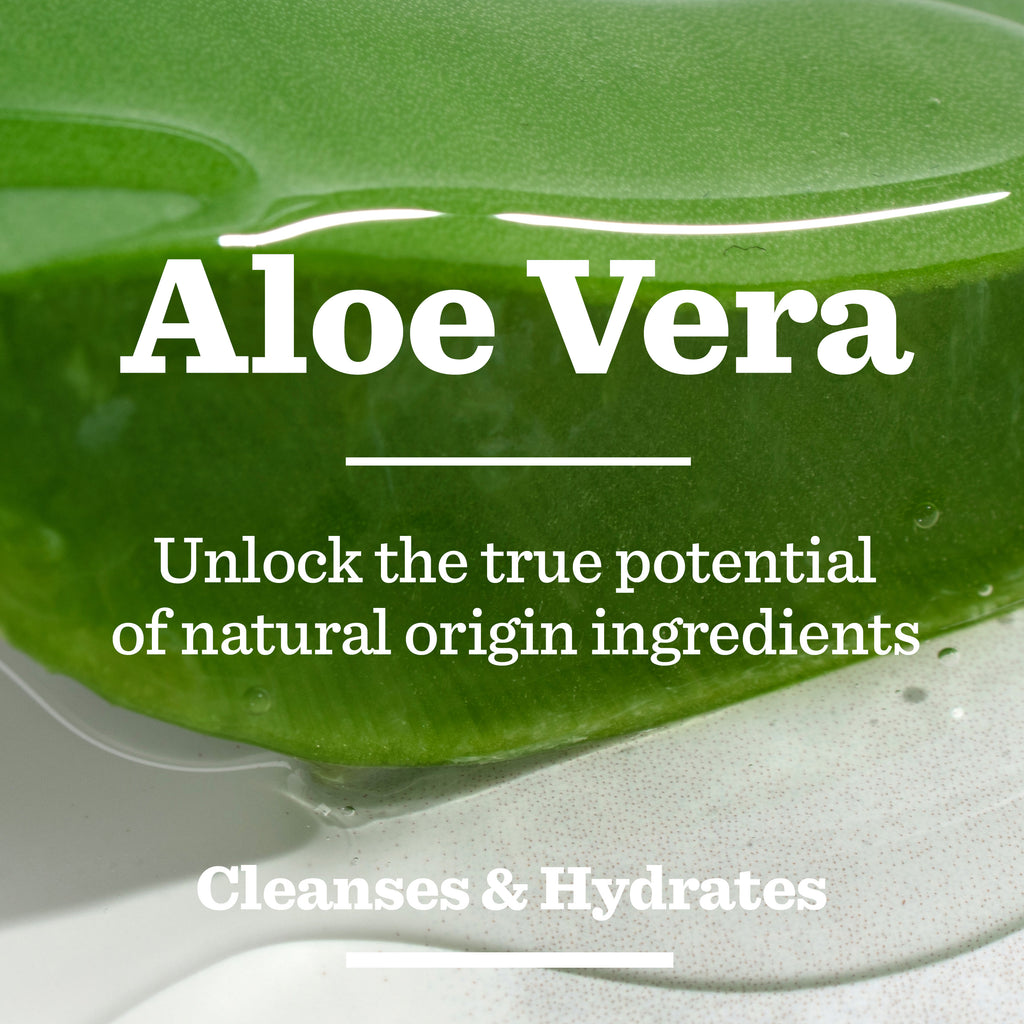 A close-up of a fresh aloe vera leaf with clear gel, featuring text: Aloe Vera. Discover the power of natural ingredients in Bulldog’s Original Skincare Duo Set. Cleanses and hydrates—perfect as a gift set for men.