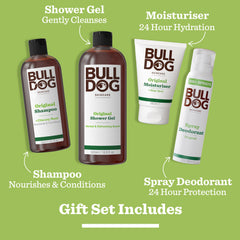 The Original Morning Routine gift set for men includes shampoo, shower gel, moisturiser, and spray deodorant—cleansing, hydrating, nourishing, and providing 24-hour protection. An ideal Christmas gift for his daily routine.