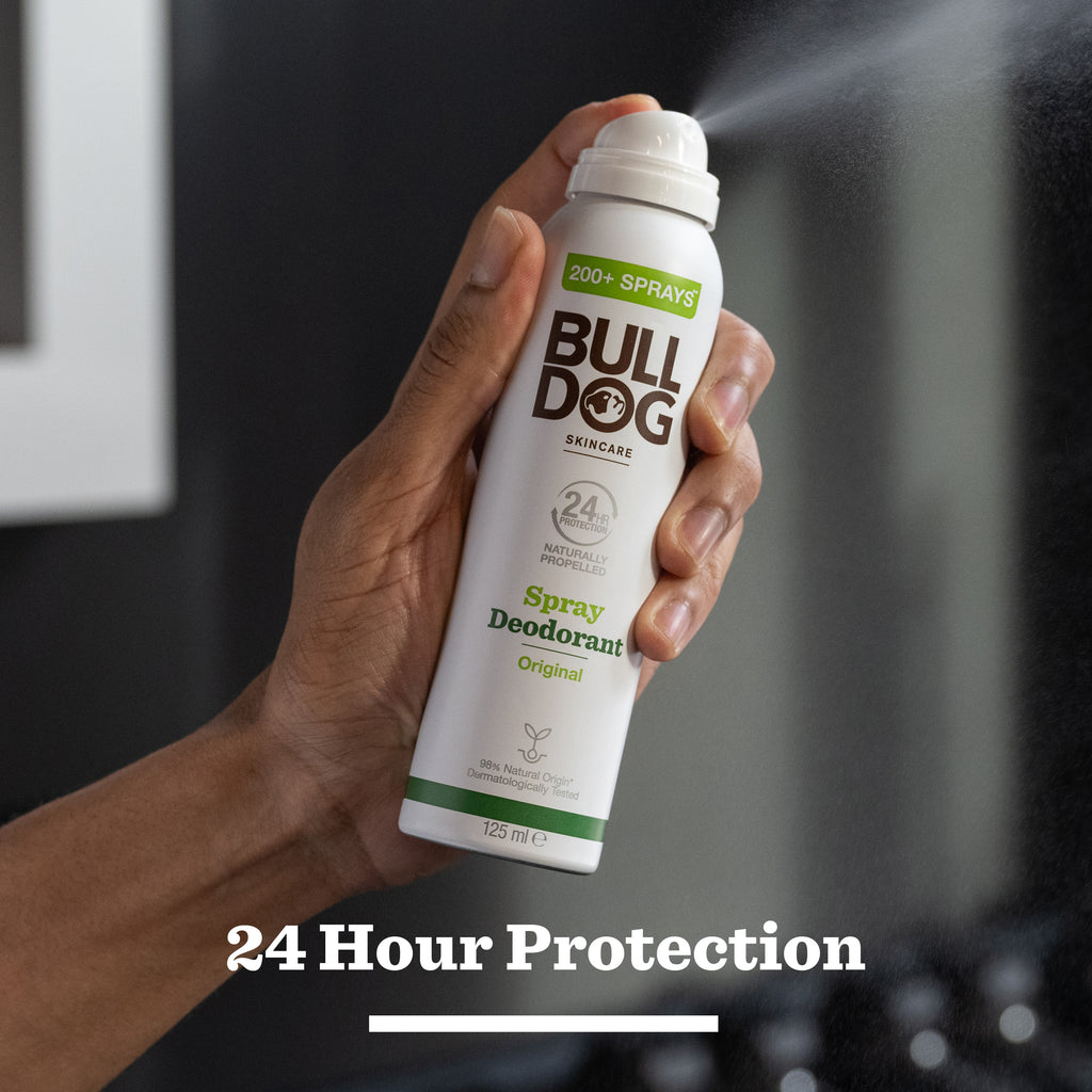 A hand sprays a can from the Original Morning Routine set, with text reading 24 Hour Protection—perfect for any men’s gift set or as a thoughtful Christmas gift.